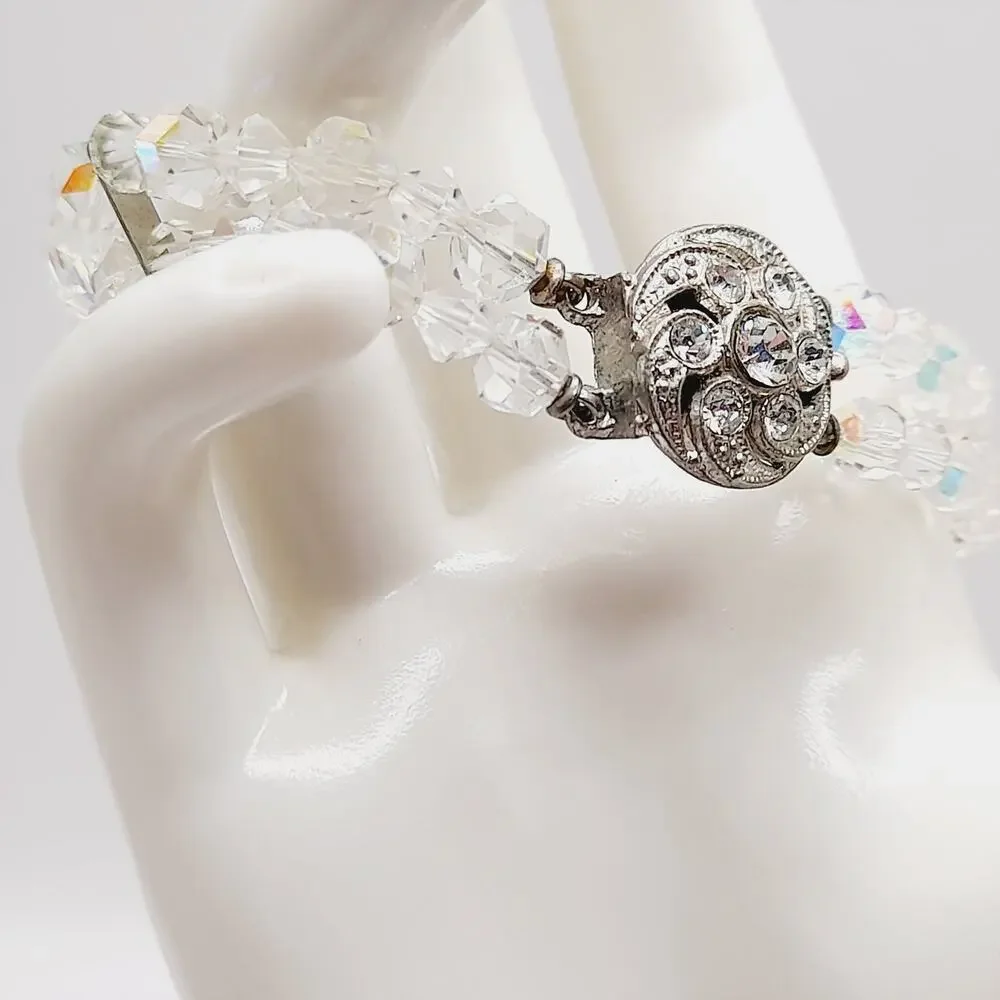 Vintage 1950s Wedding Bracelet, Aurora Borealis Crystal Beads, Rhinestone Clasp
